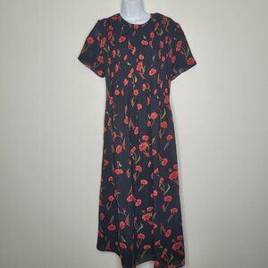 Vintage 90s black red floral modest pleated tie back grunge maxi dress size 16